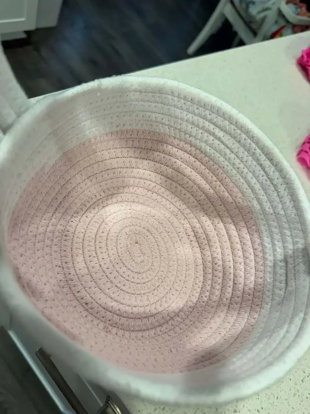 Pink and White Cotton Rope Woven Storage Basket with Handle